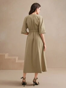 Anewsta Vestido midi de cuello redondo con manga corta y definición de cintura, estilo informal de negocios adecuado para primavera y verano