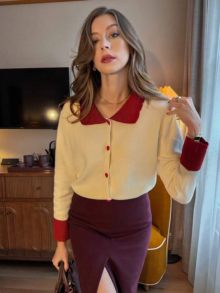 Pariaura French Casual Heart Button Contrast Color Regular Knit Cardigan For Women, Autumn/Winter