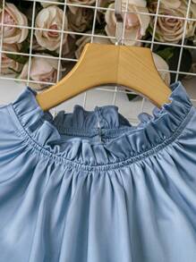 SHEIN LUNE Plus Size Women Elegant Solid Color Shiny Ruffle Collar Loose Blouse With Flared Sleeves, Office Wear - Blue - View 3