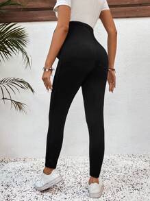 SHEIN Maternity Solid Color Adjustable Waist Skinny Casual Leggings - Black - View 2