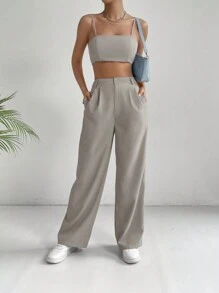 SHEIN EZwear Top corto de color rosa sólido y pantalones de pierna ancha estilo para ir al trabajo - Gris Claro - Ver 3