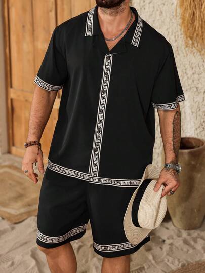 Palmeraft 加大码男士几何印花短袖单排扣衬衫短裤休闲套装，大码男士短裤套装，黑色两件套男士短裤套装，假日