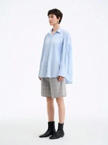 SHEIN Clasi 女士简约纯色优雅休闲商务舒适宽松插肩长袖衬衫，春秋 - 淺藍色 - 查看 7