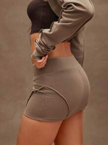 Denimoi Casual Asymmetrical Low Waist Seam Detail Mini Skirt - Coffee Brown - View 3