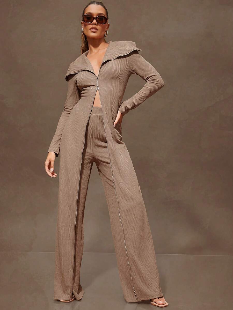 Denimoi Women's Solid Color Zip-Up Long Sleeve Ribbed Jumpsuit - Khaki - View 1