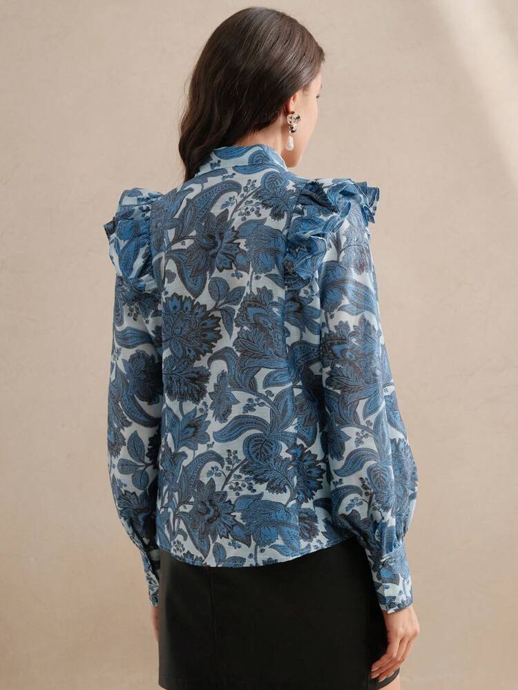 Blouse à manches longues avec col montant, volants et imprimé floral, élégante pour les vacances, la Saint-Valentin et le Nouvel An
