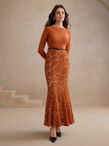 Anewsta Elegant High Waist Floral Lace Patchwork Fishtail Sweater Dress