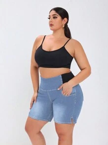 Flexra 大码深洗水蓝色牛仔休闲短裤，简约设计弹力针织，适合日常穿着 - 淺色水洗藍 - 查看 3