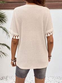 SHEIN Mutterschafts-T-Shirt mit einfarbigem rundem Kragen, Fledermausärmeln, Patchwork, Quastenbündchen und loser Passform - Khaki - Übersicht 2