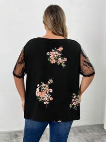 SHEIN CURVE+ 大码女式夏季蕾丝花卉撞色网眼短袖波西米亚风度假衬衫