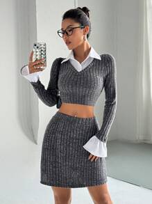 Flirla 纹理马球领长袖修身毛衣上衣和 A 字裙套装，学院风 - 灰色 - 查看 4