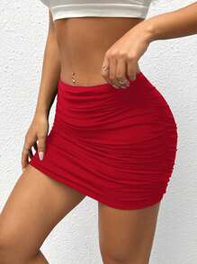 SHEIN MOD Minifalda acampanada con volantes de doble capa de malla de verano - Rojo - Ver 3