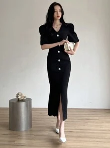 DAZY Đầm maxi nữ màu trơn cổ chữ V tay ngắn dáng ôm, kiểu tay phồng, thích hợp cho mùa xuân/hè. - màu đen - Xem 1