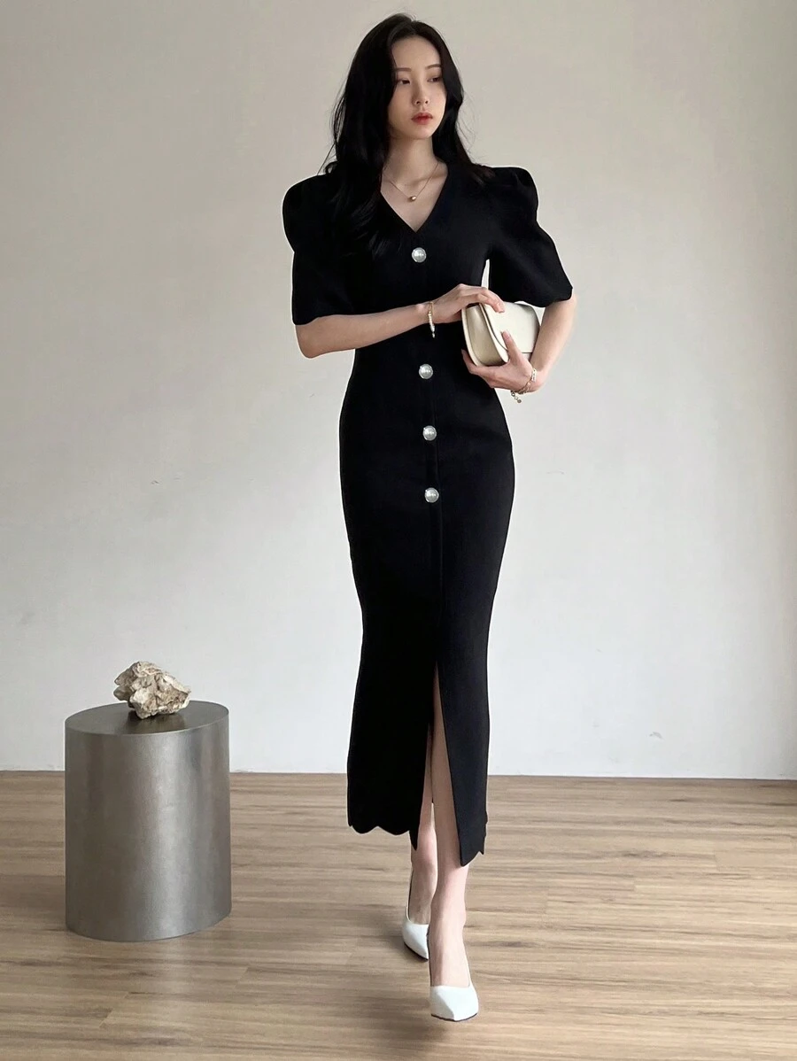 DAZY Đầm maxi nữ màu trơn cổ chữ V tay ngắn dáng ôm, kiểu tay phồng, thích hợp cho mùa xuân/hè. - màu đen - Xem 1