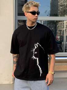 DAZY 男式抽象猫咪印花休闲街头图案 T 恤