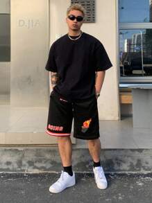 DAZY Herren Lässig Sport Basketball Shorts mit Buchstabenaufdruck - Schwarz - View 3