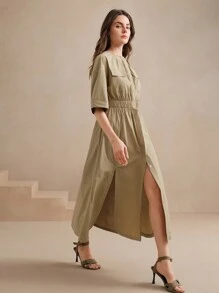 Anewsta Vestido midi de cuello redondo con manga corta y definición de cintura, estilo informal de negocios adecuado para primavera y verano