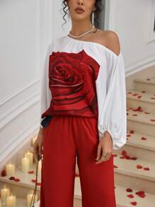 Allurite Vrouwen Elegante Bloemen Lantaarn Mouw Schouder Top En Effen Kleur Broek 2-delig Pak