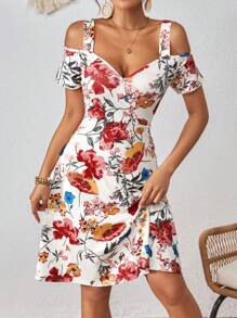 SHEIN VCAY Vestido de fiesta sin mangas de corte evasé con escote en V y calado para mujer