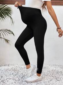 SHEIN Maternity Solid Color Adjustable Waist Skinny Casual Leggings - Black - View 3