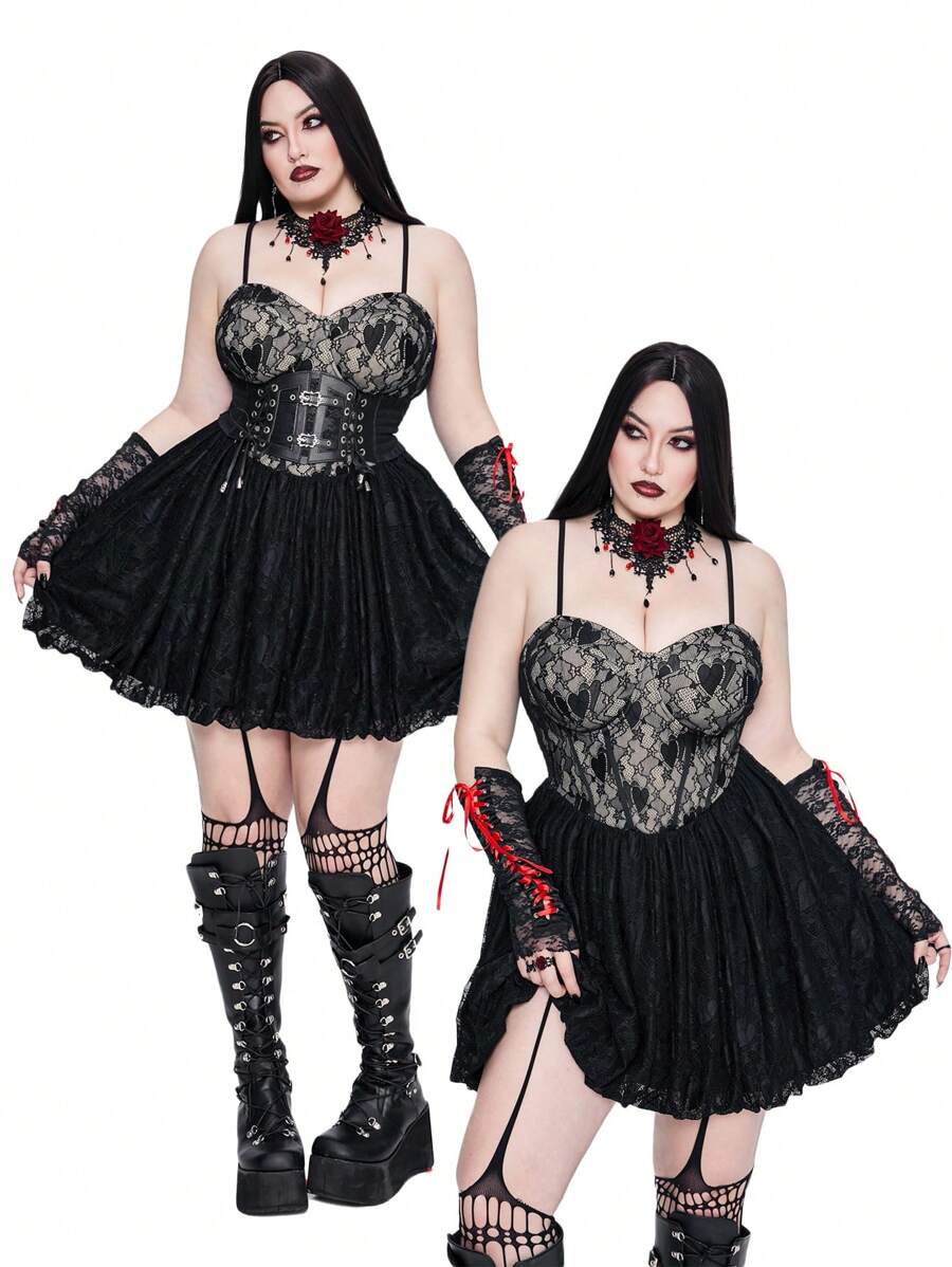 Flirla Goth Punk Plus Size Lace-Trim Mini Form-Fitting Dress, Sexy Party Slip Dress For Valentine's Day, Rose, Heart, Polka Dot, Love, Lip, Cupid, 85D Flower For Summer - Black - View 1