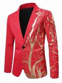 Manfinity Mode Chaqueta de traje con estampado de plantas en la solapa y manga larga de moda para hombre de talla grande