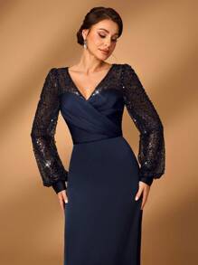 Serin 优雅奢华的海军蓝亮片串珠褶皱透视长袖 A 字形下摆晚礼服，适合庆典、正式派对、婚礼、新娘母亲礼服 - 藏蓝色 - 查看 5