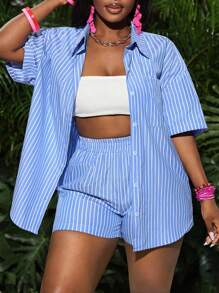 Slaydiva Set informale e versatile da donna composto da camicia larga a righe e pantaloncini corti - Blu - Visualizzare 7