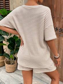 SHEIN Maternity Casual V-Neck Short Sleeve Top With Adjustable Elastic Waist Shorts Loose 2pcs Outfit Set