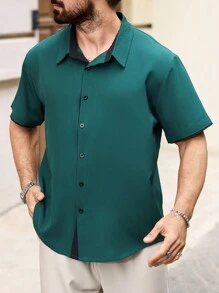 Manfinity Homme Men Plus Green Short Sleeve Shirt, Solid Color, Simple, Fashionable, Casual Everyday, Formal - Dark Green - View 4
