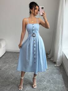 Chiquease Cài nút phía trước một hàng khuy, có thắt lưng, phong cách ngày lễ, thanh lịch và thời trang khi đi chơi, váy chữ A dài vừa phải màu xanh lam có dây đeo cho nữ, váy midi mùa hè, váy cài nút cho nữ, váy suông cho nữ, váy đi nghỉ cho nữ, váy chống nắng cho nữ - Màu xanh lam - Xem 6