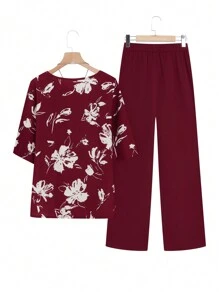 EMERY ROSE 2pcs Women Floral Print Round Neck Short Sleeve Top And Pants Set