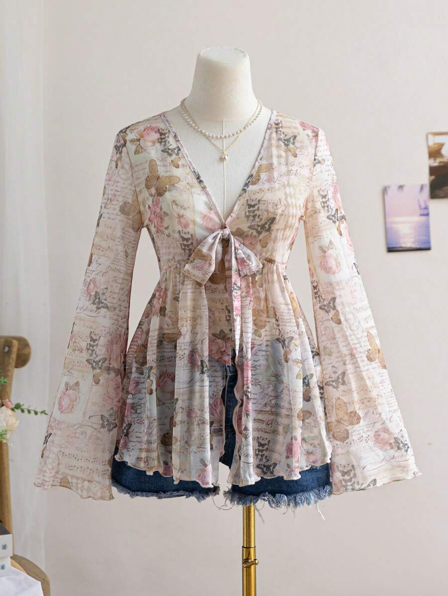 Soleia Women's Romantic Rose & Butterfly Print Lace Tied Flared Sleeve Blouse, Vacation/Valentine's Day