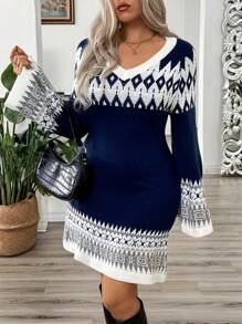 Calvaya Plus Size Retro Vibe Color Block V-Neck Jacquard Knit Sweater Dress Fall Winter Cloth For Women - Multicolor - View 6