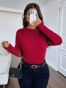 Celure Plus Size Casual Commuting Bodysuit, Comfortable Long Sleeve High-End, Niche, Base Layer, Lightweight Comfortable, Long Sleeve, Suitable For Valentine's Day - Burgundy - View 4