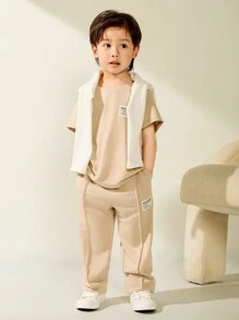 2 件套休闲百搭短袖 T 恤和长裤套装，适合年轻男孩，适合外出、上学、日常聚会、春夏季 - 杏色 - 查看 7