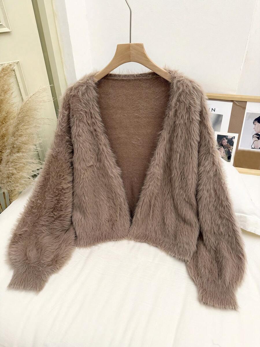 CosyJoli Suéter de mujer talla grande con hombros descubiertos, de felpa y corto, para otoño/invierno - Camel - Ver 1