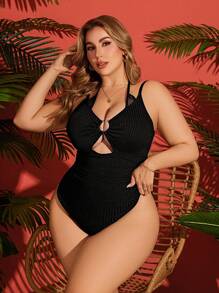 SHEIN Swim Curve Plus Size 1pc Cutout Rib Knit Design Spaghetti Strap Backless Adjustable One-Piece Swimsuit For Women, Elegant & Sexy Beach Vacation Swimwear, For Summer - Black - View 6