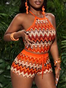 Slaydiva 2pcs/Set Summer Vacation Casual Fun Striped Wavy Knitted Crop Top And Shorts Set - Multicolor - View 7