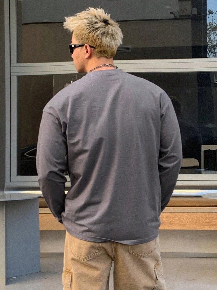 Spring Vintage Character & Letter Print Gray Embroidered Men's T-Shirt,Graphic Tees Fall,Winter