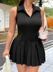SHEIN EZwear Spring/Summer Vacation Casual Solid Color Sleeveless Pleated Hem Zip Front Plus Size Mini Dress - Black - View 4