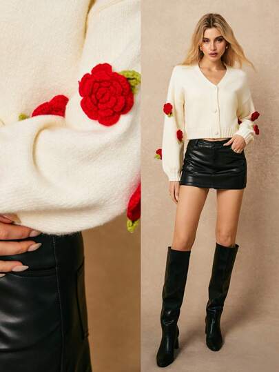 Poéselle Women's Front Button Long Sleeve Floral Decor Minimalist Casual Long Sleeve Simple Casual Knit Cardigan, Valentine's Day,Red,Women Tops,Long Sleeve Top ,Valentines, Suitable For Daily, Street, Commuting, Dating, Party And Other Occasions To Wear