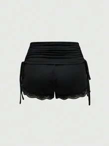 ROMWE Dark Gothic High Stretch Knit Lace Patchwork Black Pajama Bottoms - Black - View 2