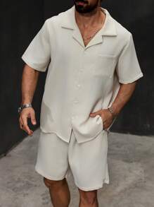 Manfinity Homme Plus Size Men Solid Color Short Sleeve Single-Breasted Pocket Shirt And Shorts Casual Suit