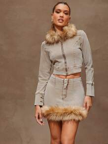 Denimoi 毛皮饰边拉链牛仔半身裙简约时尚日常休闲 - 棕色 - 查看 3