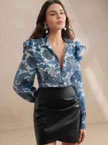 Anewsta Áo cánh tay dài in hoa viền bèo nhún cổ đứng cho nữ, thanh lịch cho ngày lễ tình nhân năm mới - Màu xanh lam - Xem 5