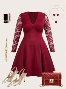 SHEIN Clasi Plus Size Elegant Party Solid Color Lace Patchwork Dress - Red - View 7