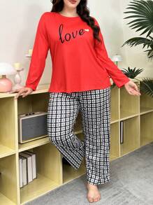 情人节“LOVE”字母印花长袖衬衫搭配格子裤、大码睡衣套装 - 彩色 - 查看 3