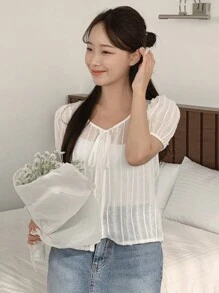 DAZY Women Round Neck Textured Casual Short Sleeve Tie Front Blouse Summer - White - View 6