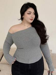 Dazy Plus 纯色修身露肩长袖T恤，春夏秋装